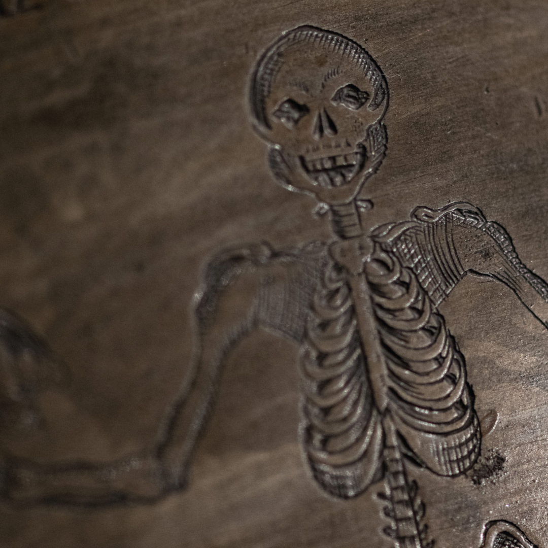 Pocken, Schwindsucht, Kindbettfieber / Robert Vanis Titelbild zur Abendführung 'Pocken, Schwindsucht, Kindbettfieber'. Piktogramm eines Skeletts.